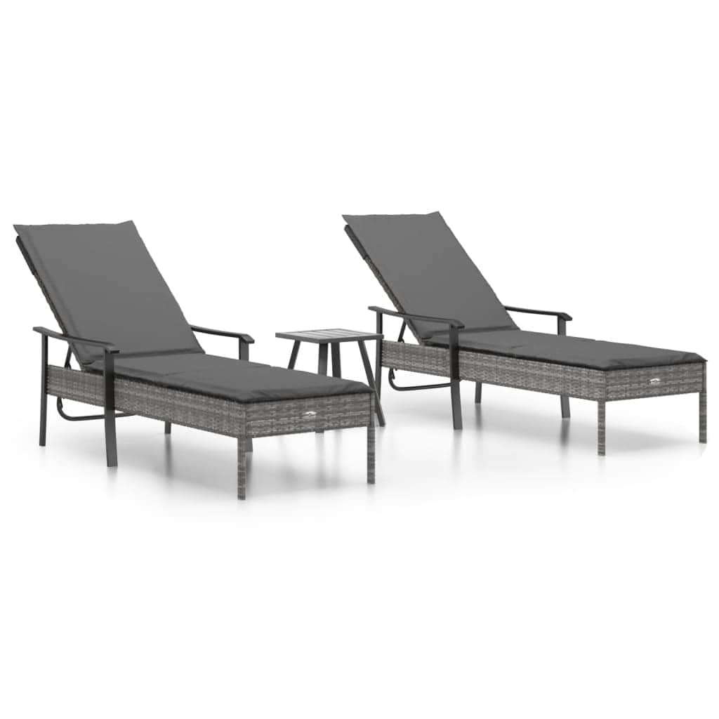 2 Grey Poly Rattan Sun Loungers with Table and Cushions