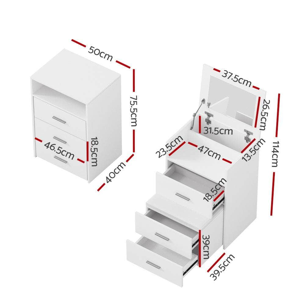 2-In-1 Dressing Table Stool Set Bedside Table White