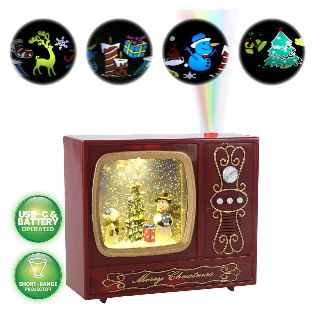 2-in-1 Vintage Radio Christmas Snowmen Snow Globe & Projector