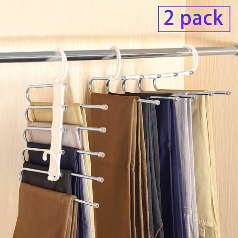 2 Pack Adjustable Multi-Layer Pants Hanger (5 In 1, White)