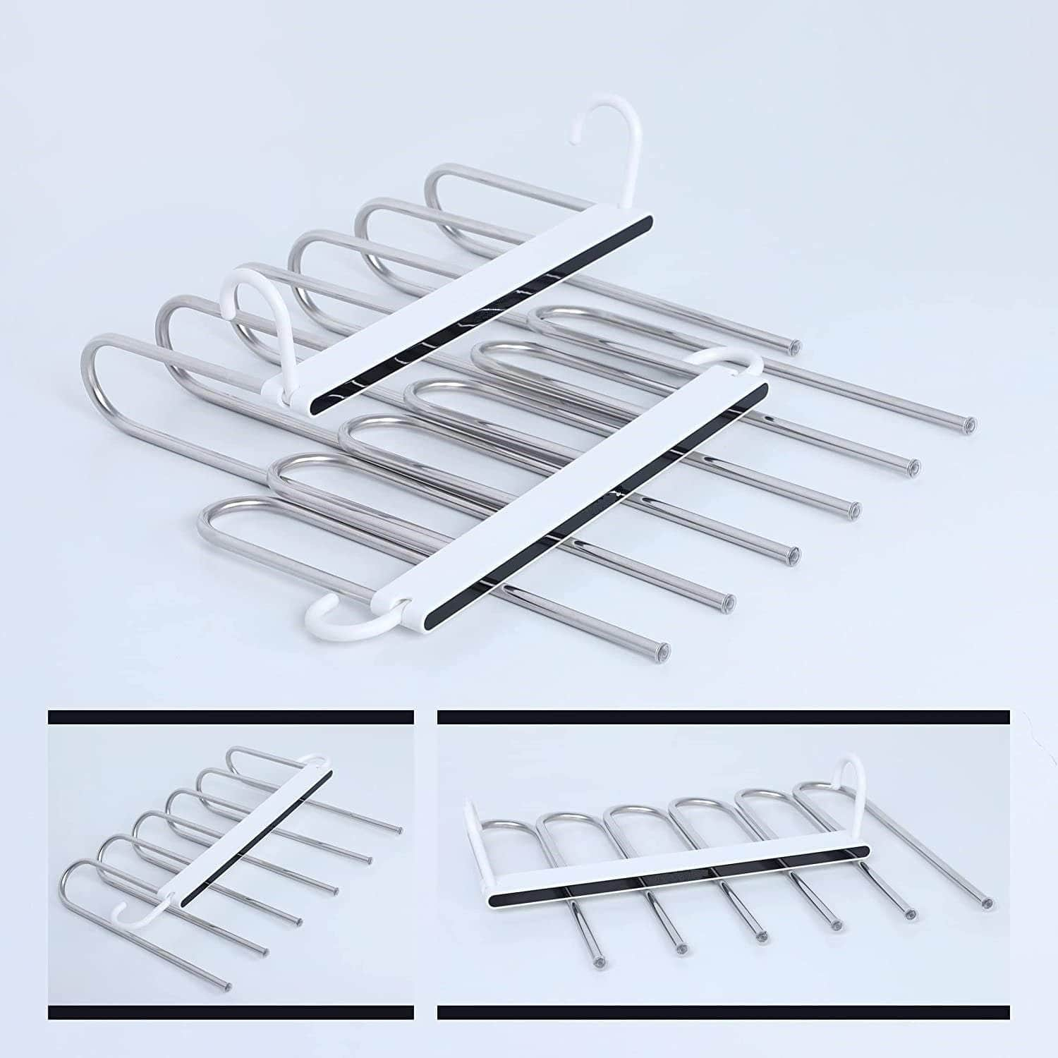 2 Pack Adjustable Multi-Layer Pants Hanger (6 In 1, White)