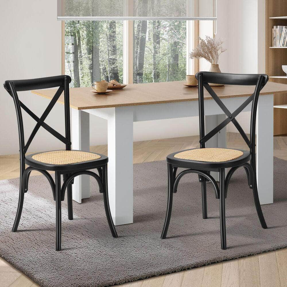 2 Pcs Dining Chair with Crossback Wooden Kitchen Black/Wood