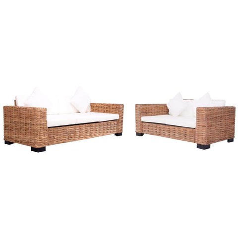 2 Piece Garden Sofa Set with Cushions Natural Rattan