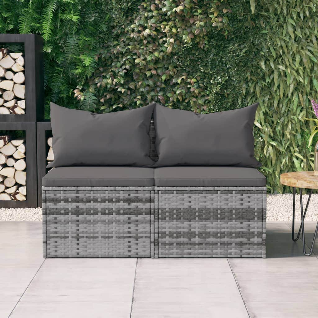 2-Piece Set: Garden Middle Sofas with Cushions in Sleek Poly Rattan-Black\Grey