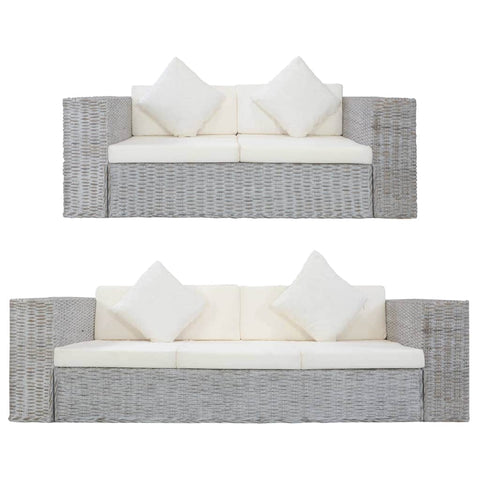 2 Piece Sofa Set with Cushions Grey Natural Rattan