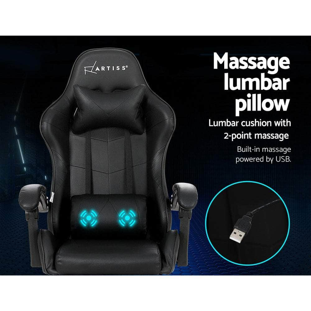 2 Point Massage Gaming Office Chair Footrest Black