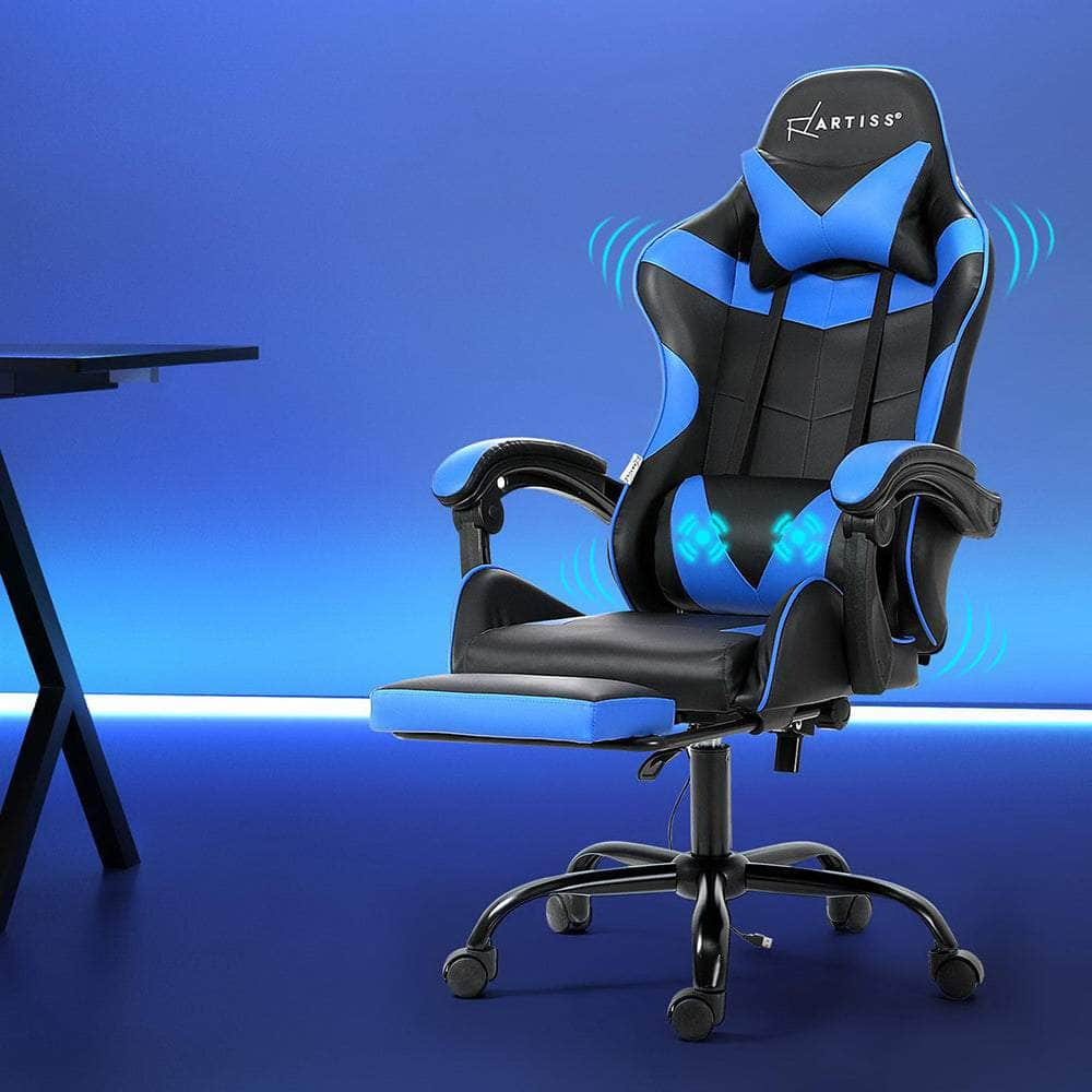 2 Point Massage Gaming Office Chair Footrest Blue