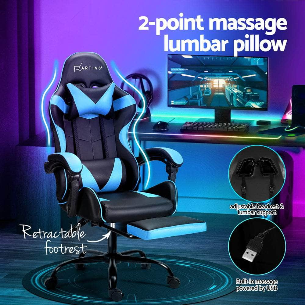 2 Point Massage Gaming Office Chair Footrest Cyan Blue