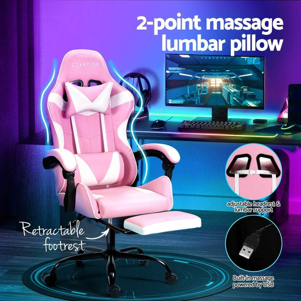 2 Point Massage Gaming Office Chair Footrest Grey/Pink