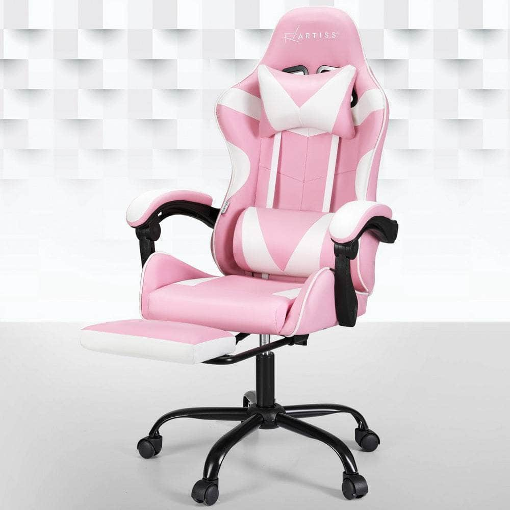 2 Point Massage Gaming Office Chair Footrest Grey/Pink