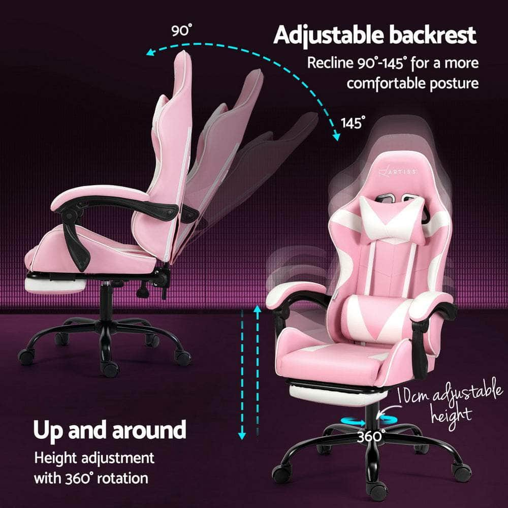 2 Point Massage Gaming Office Chair Footrest Grey/Pink