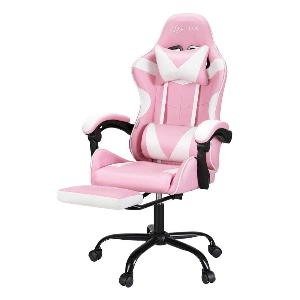 2 Point Massage Gaming Office Chair Footrest Grey/Pink