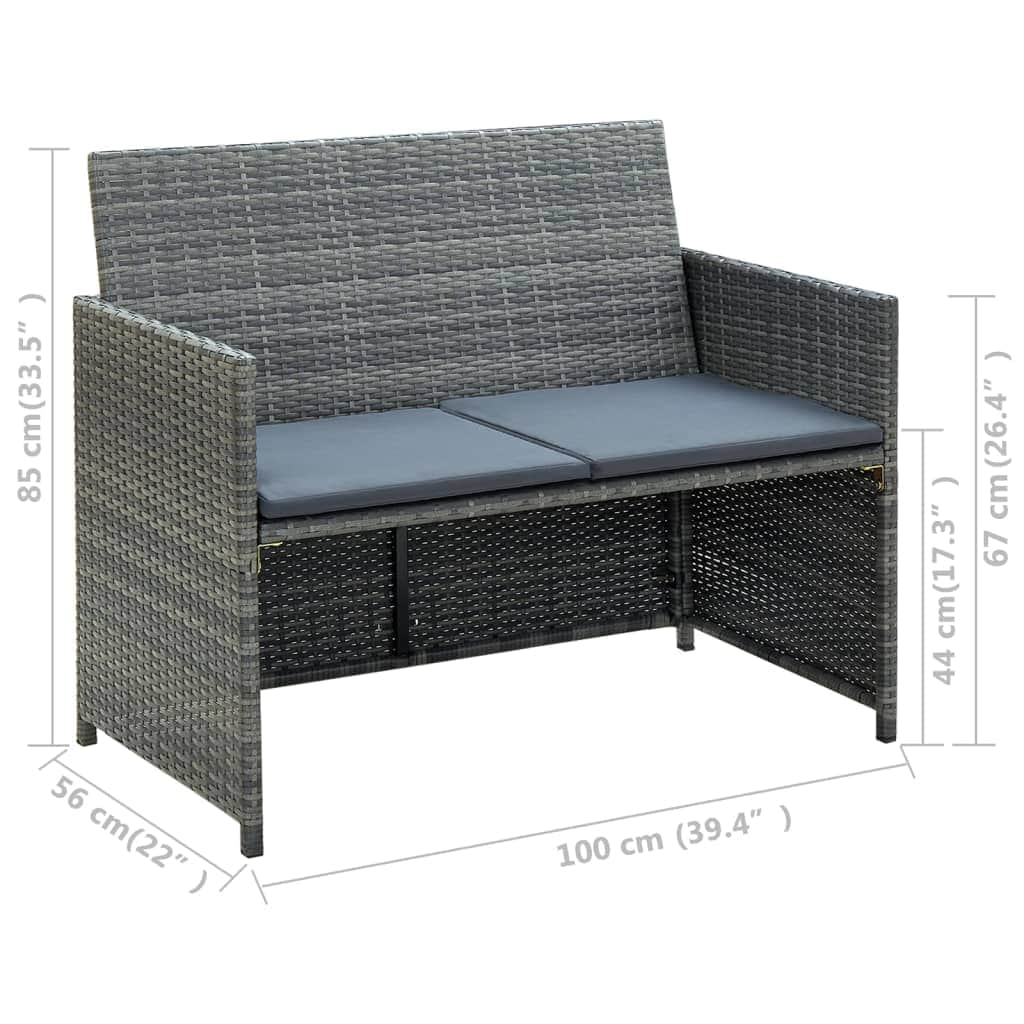 2 Seater Garden Sofa with Cushions Grey Poly Rattan