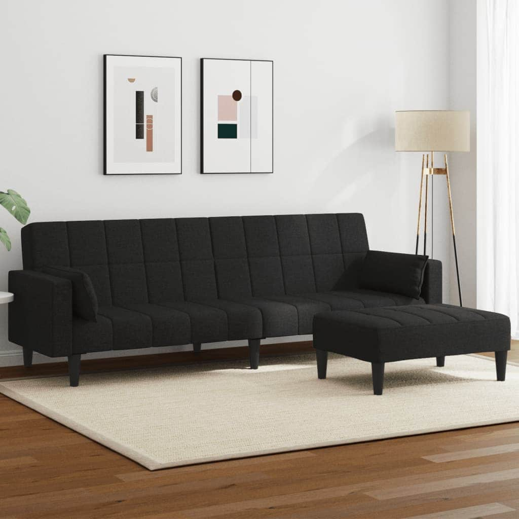 2-Seater Sofa Bed with Footstool Black Fabric