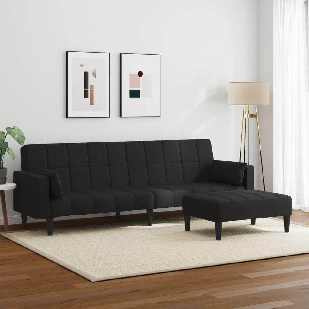 2-Seater Sofa Bed with Footstool Black Fabric