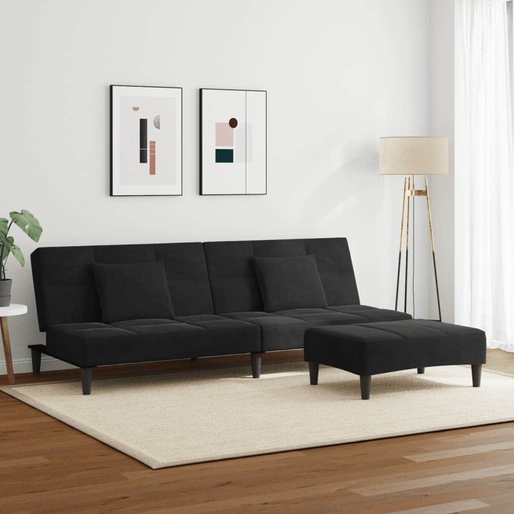 2-Seater Sofa Bed with Footstool - Black Velvet