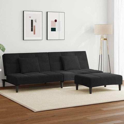 2-Seater Sofa Bed with Footstool - Black Velvet