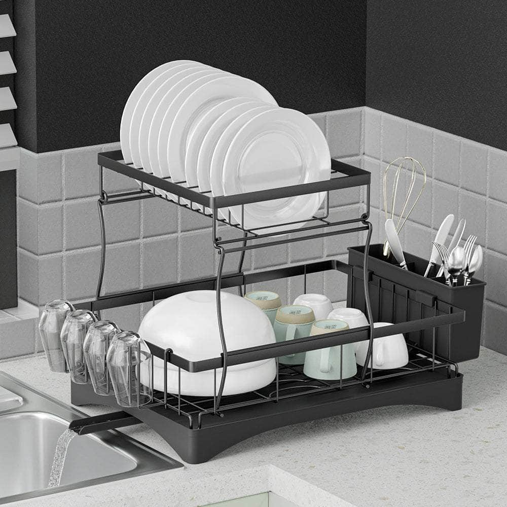 2-Tier Dish Rack Drying Drainer with Cup Holder and Cutlery Tray