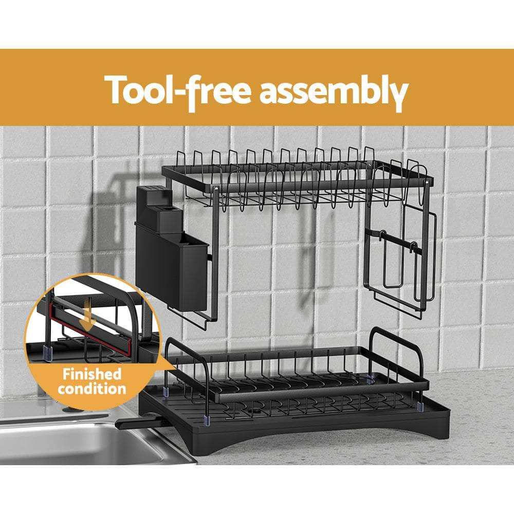 2-Tier Dish Rack Drying Drainer with Cup Holder and Cutlery Tray