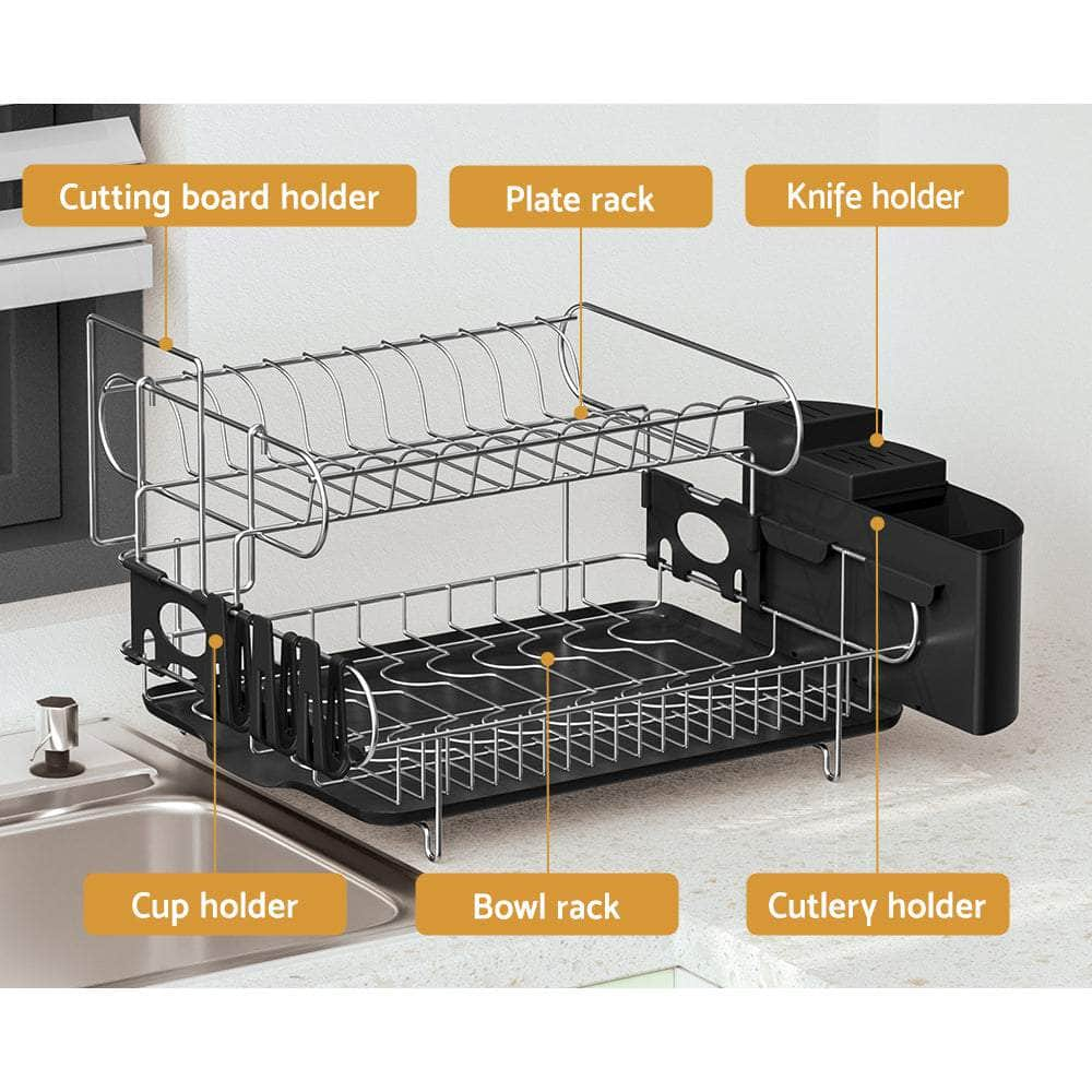 2-Tier Dish Rack Drying Drainer with Cup Holder and Cutlery Tray