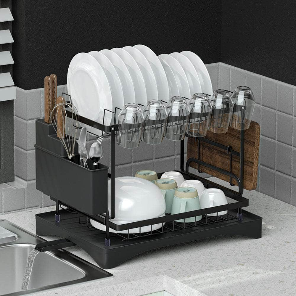 2-Tier Dish Rack Drying Drainer with Cup Holder and Cutlery Tray