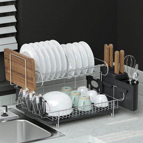 2-Tier Dish Rack Drying Drainer with Cup Holder and Cutlery Tray