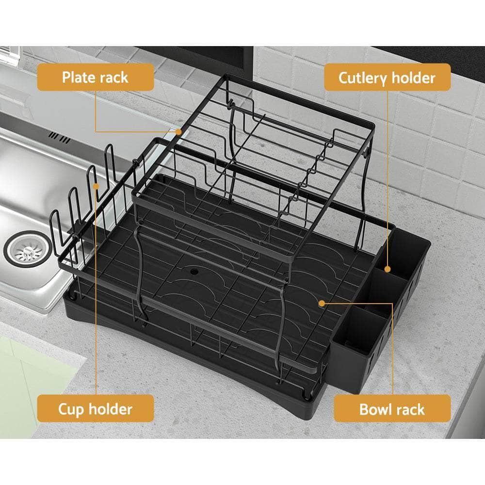 2-Tier Dish Rack Drying Drainer with Cup Holder and Cutlery Tray