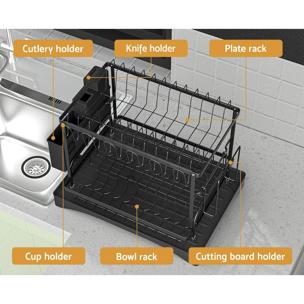 2-Tier Dish Rack Drying Drainer with Cup Holder and Cutlery Tray