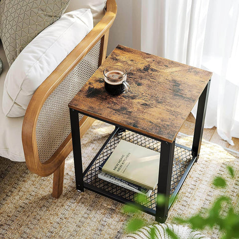 2-Tier Side Table with Storage Shelf with Metal Frame Rustic Brown