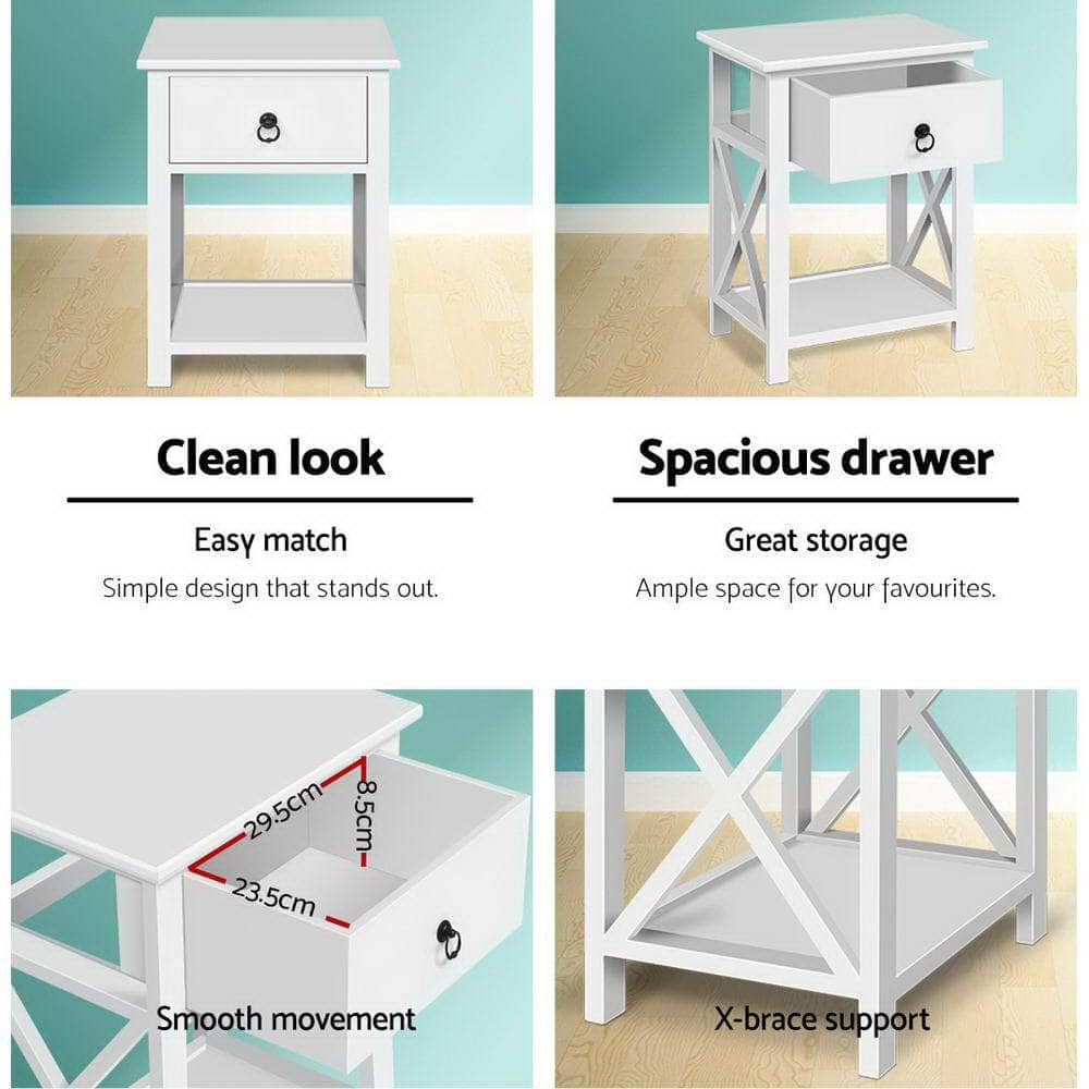 2 X Bedside Table 1 Drawer With Shelf - Emma White