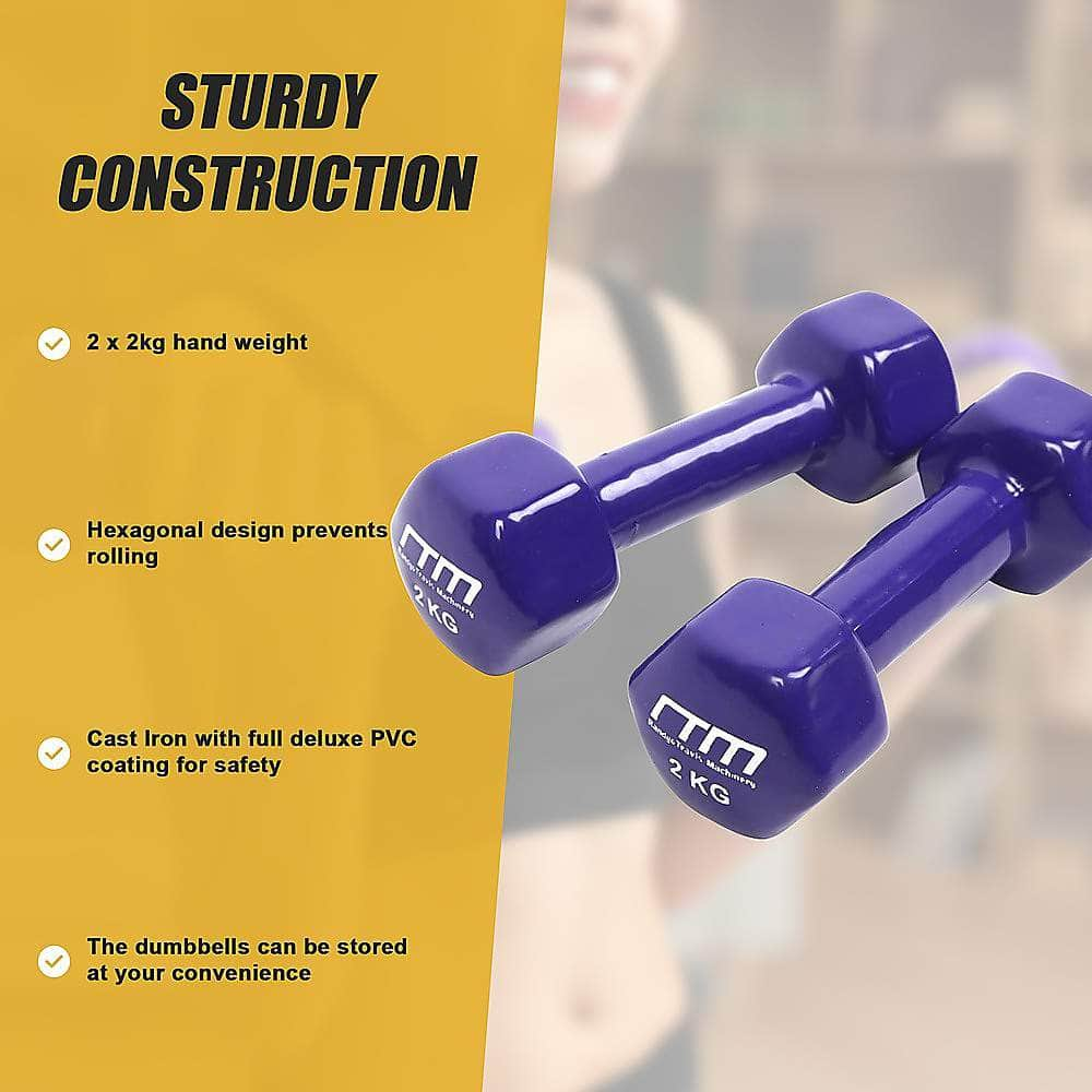 2Kg Dumbbells Pair Pvc Hand Weights Rubber Coated