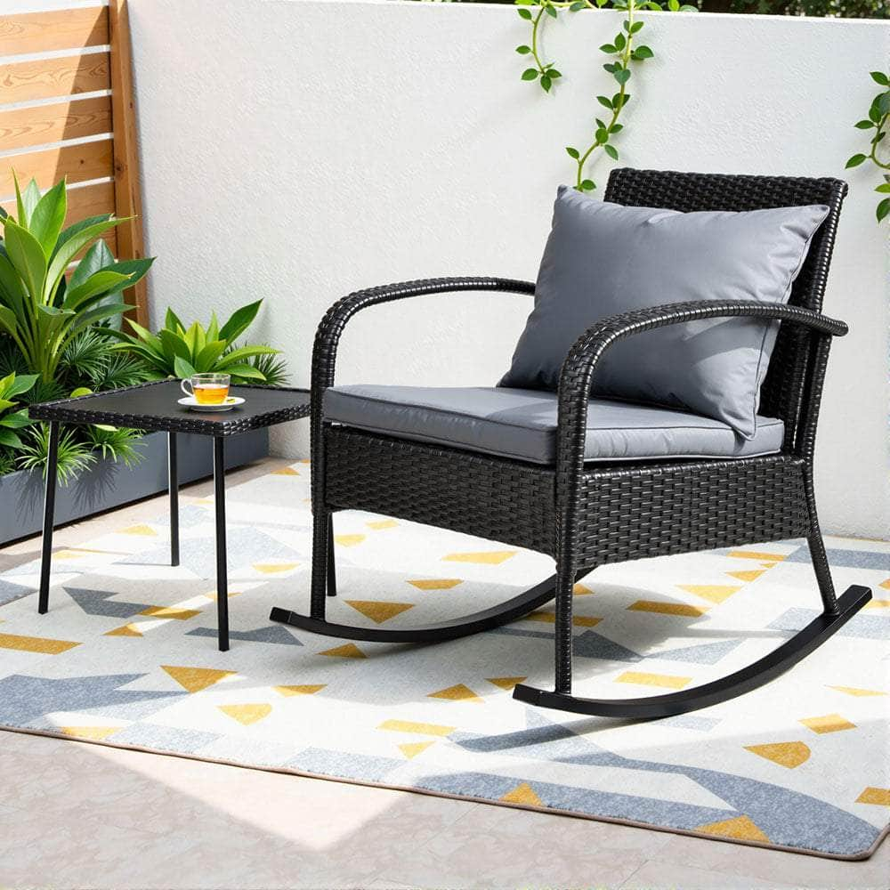 2Pc Rocking Chair Table Wicker Outdoor Furniture Patio Lounge Setting