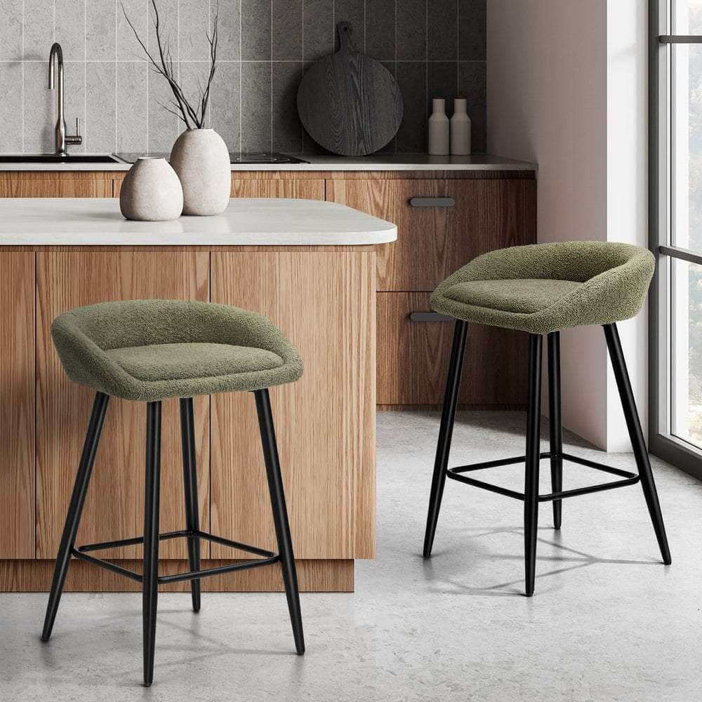 2PCS Bar Stools Boucle Fabric Green and Black