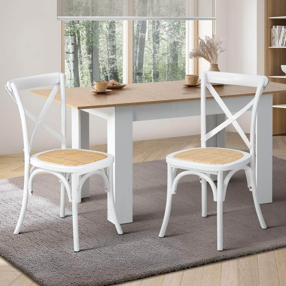 2PCS Crossback Dining Chair Solid Wood Ratan Seat White