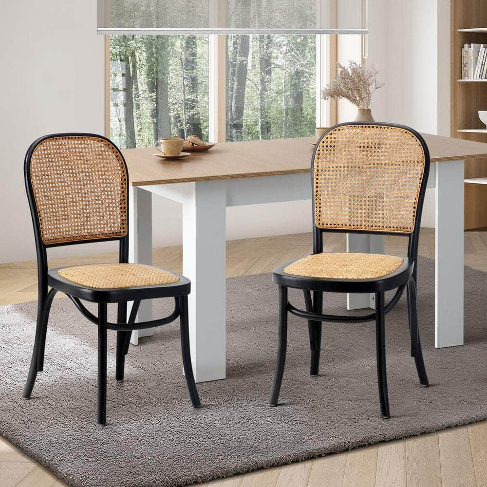 2PCS Dining Chairs Wooden Rattan Black/Beige