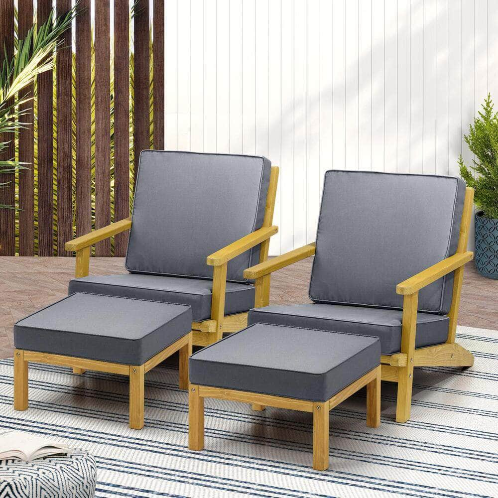 2PCS Outdoor Armchair Furniture Sun Lounge Wooden Garden Sofa Foot Stool