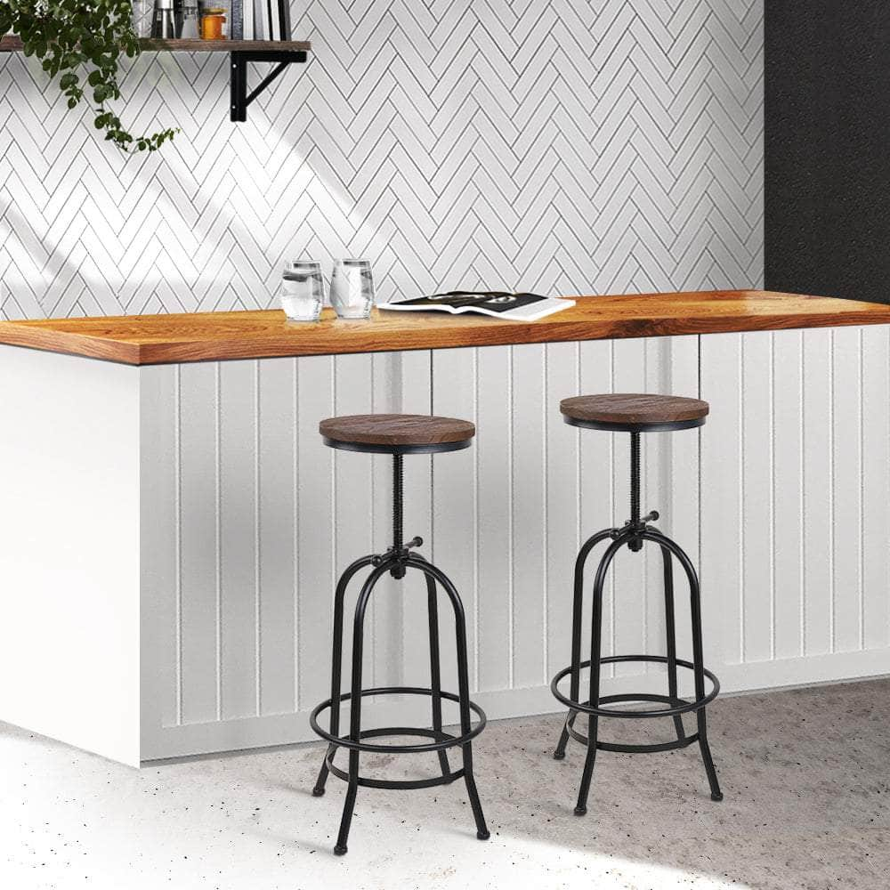 2x Bar Stools Adjustable Wood Chairs