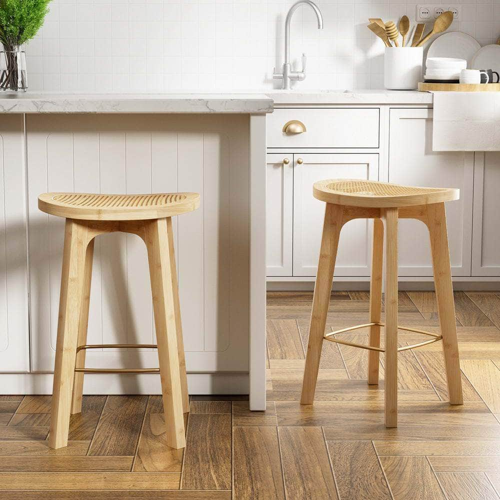 2x Bar Stools Bamboo Rattan Stool Counter Chair Kitchen Barstools