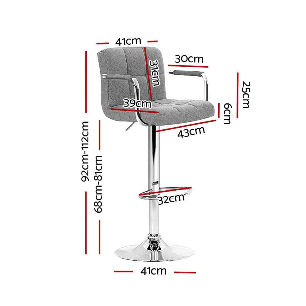 2x Bar Stools Fabric Gas Lift w/Armrest Grey