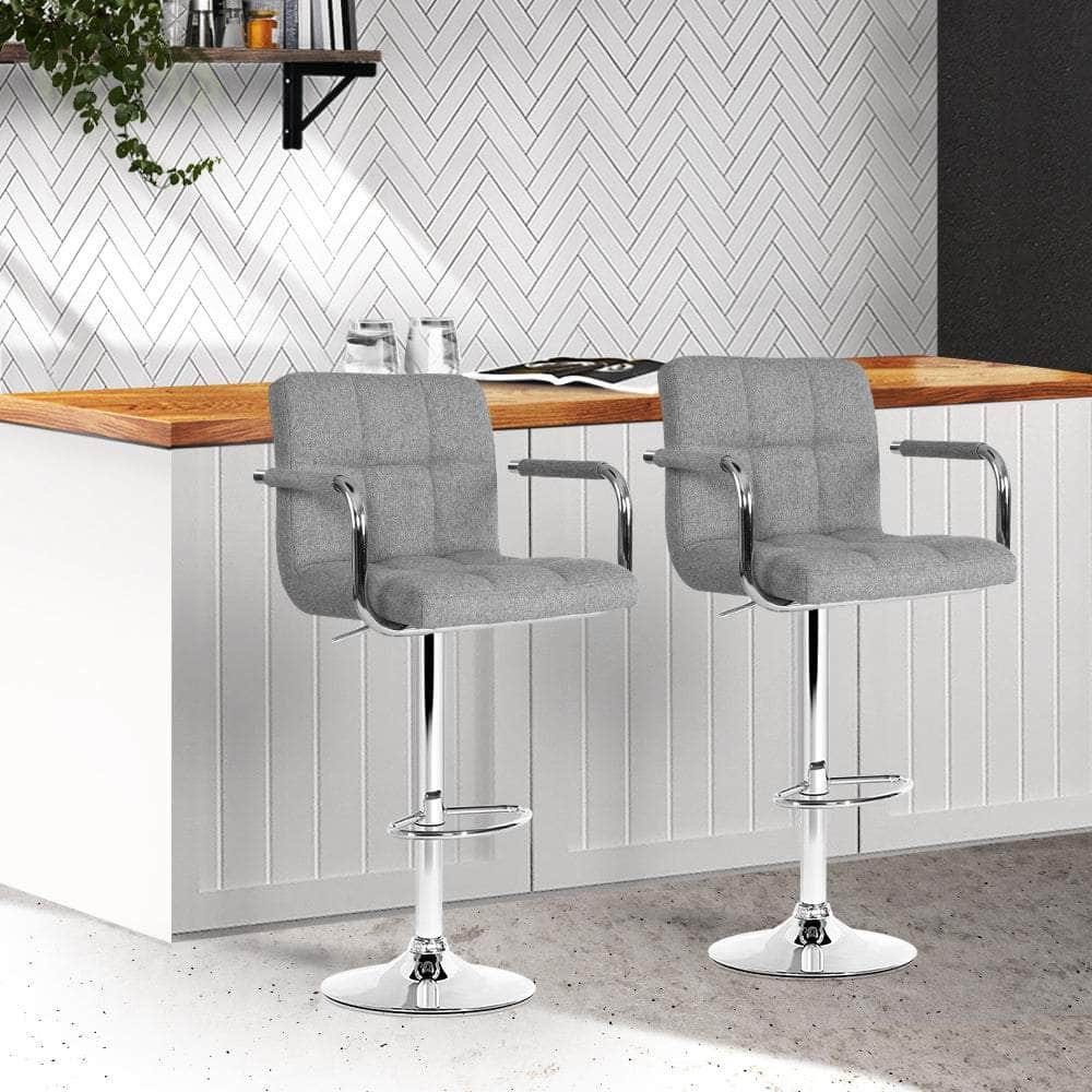 2x Bar Stools Fabric Gas Lift w/Armrest Grey