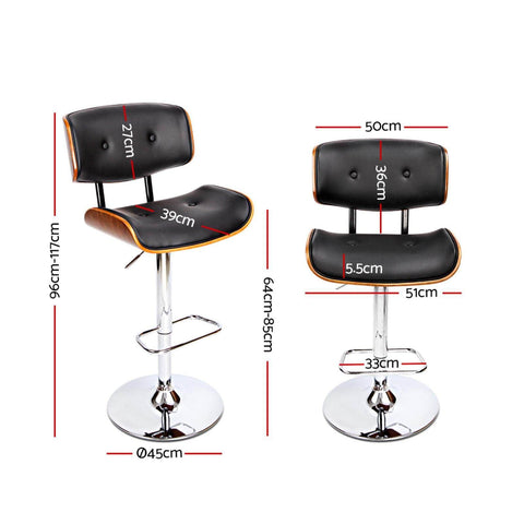 2x Bar Stools Gas Lift Leather Black