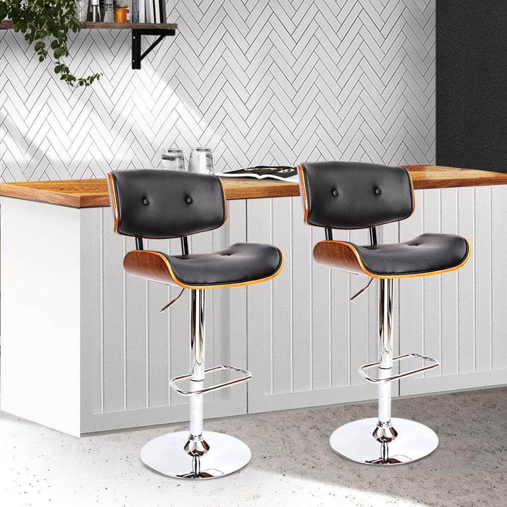 2x Bar Stools Gas Lift Leather Black