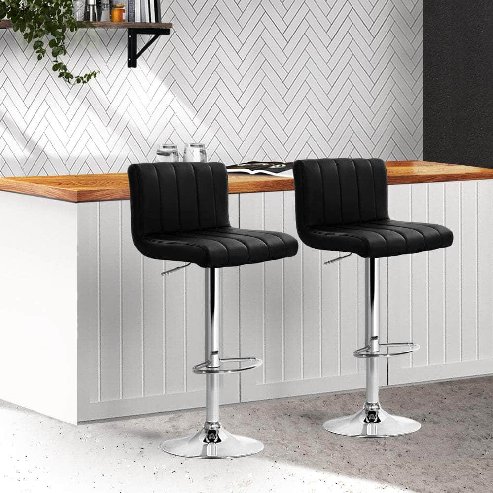 2x Bar Stools Gas Lift Leather Chairs Black