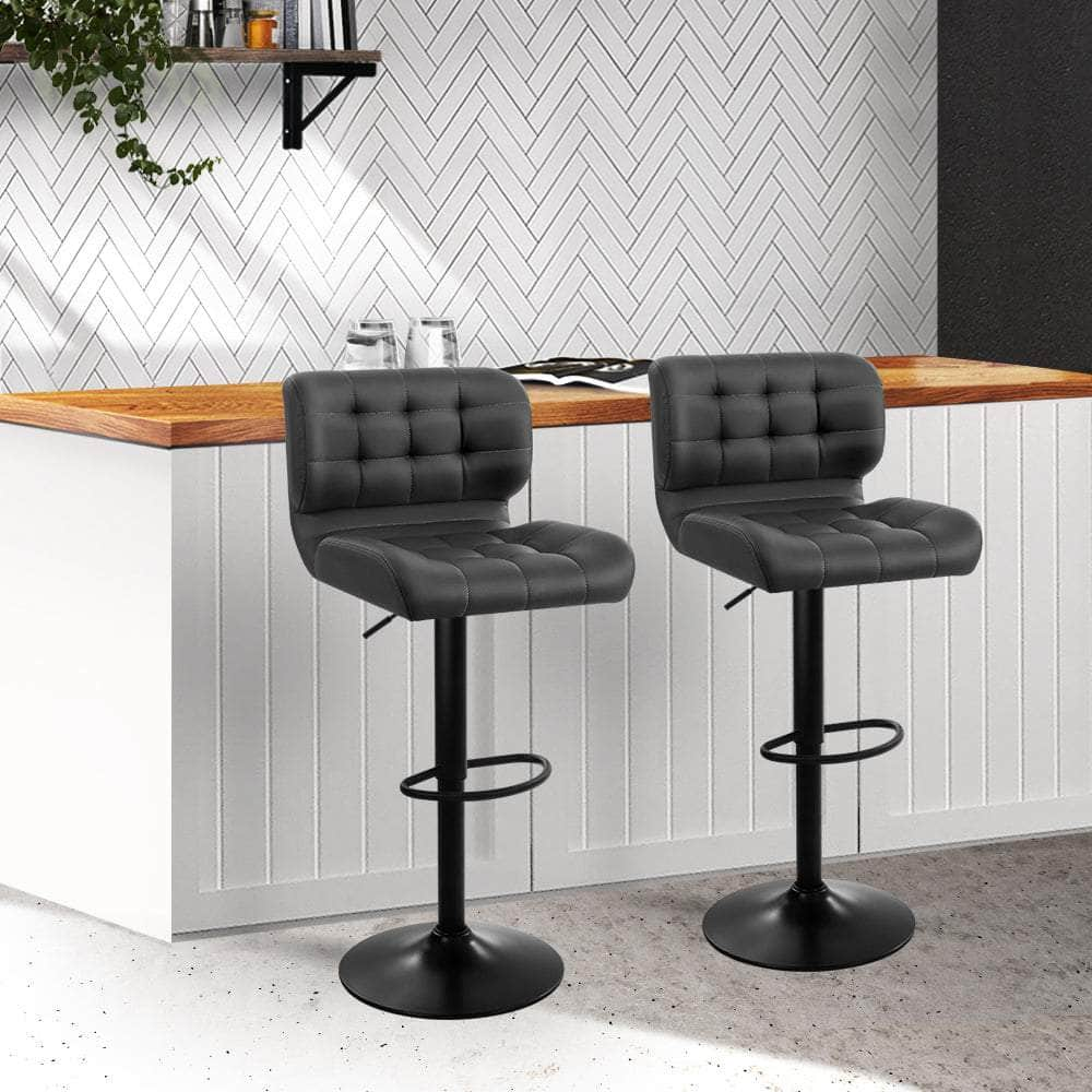 2x Bar Stools Gas Lift Leather Padded Grey