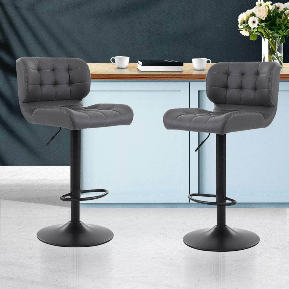 2x Bar Stools Gas Lift Leather Padded Grey