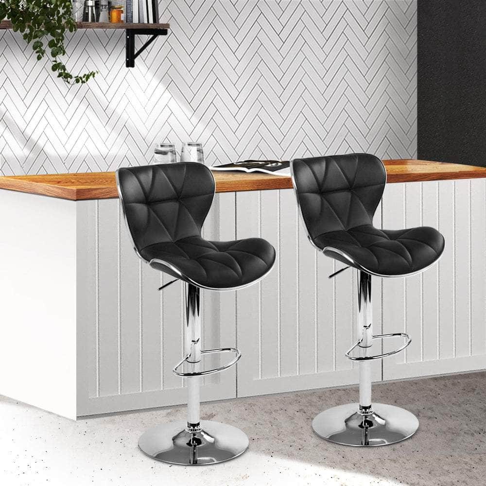 2x Bar Stools Gas Lift Leather Seat Black