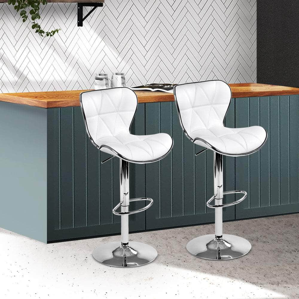 2x Bar Stools Gas Lift Leather Seat White