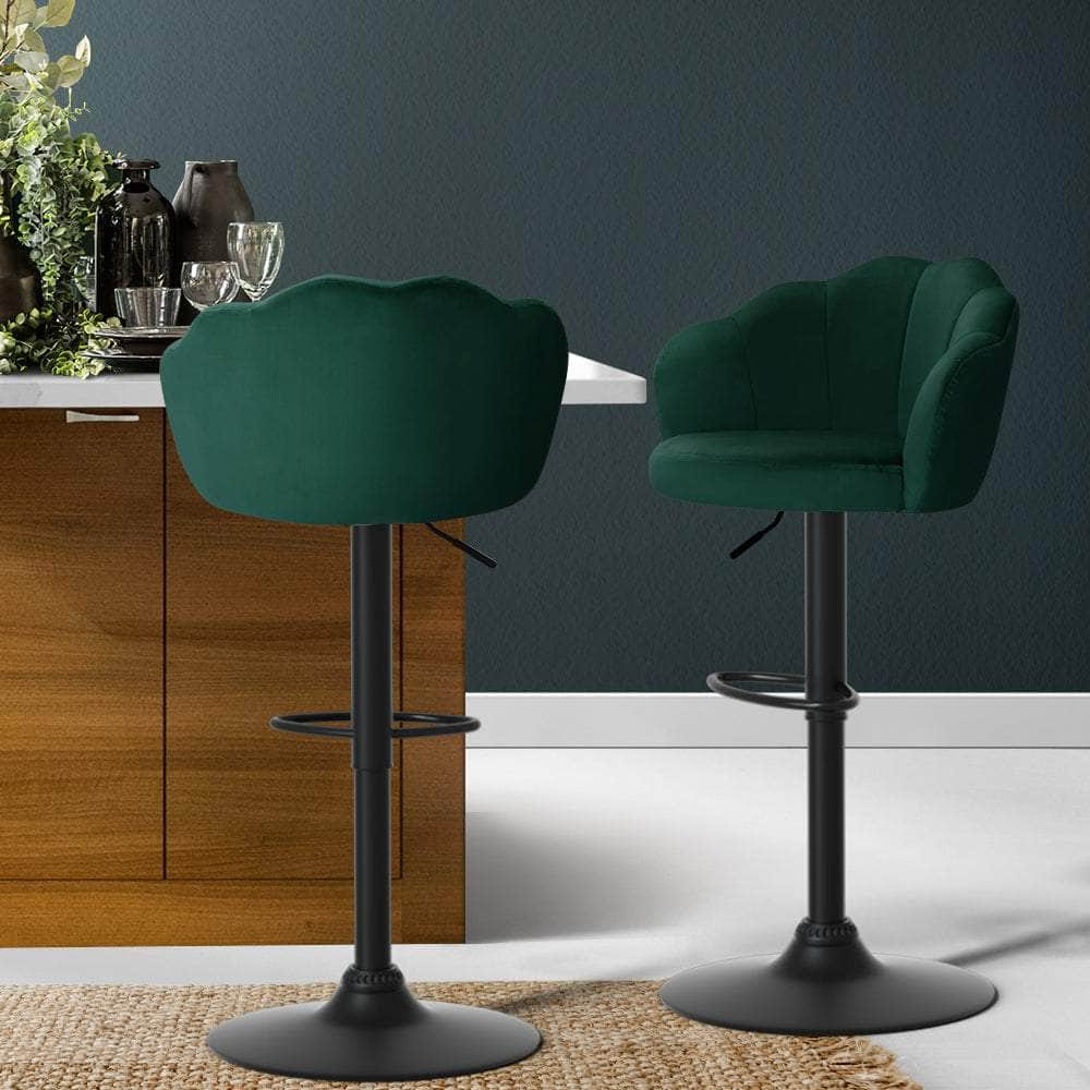 2x Bar Stools Gas Lift Velvet Green