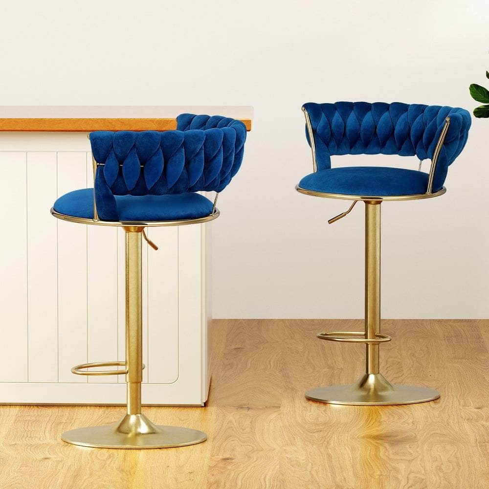 2x Bar Stools Gas Lift Velvet Woven Backrest Navy