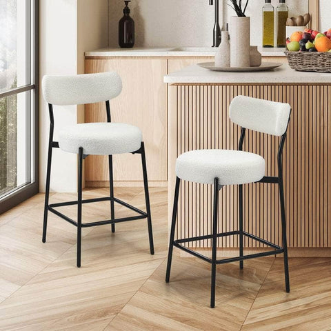 2x Bar Stools Kitchen Dining Stool Boucle Fabric White